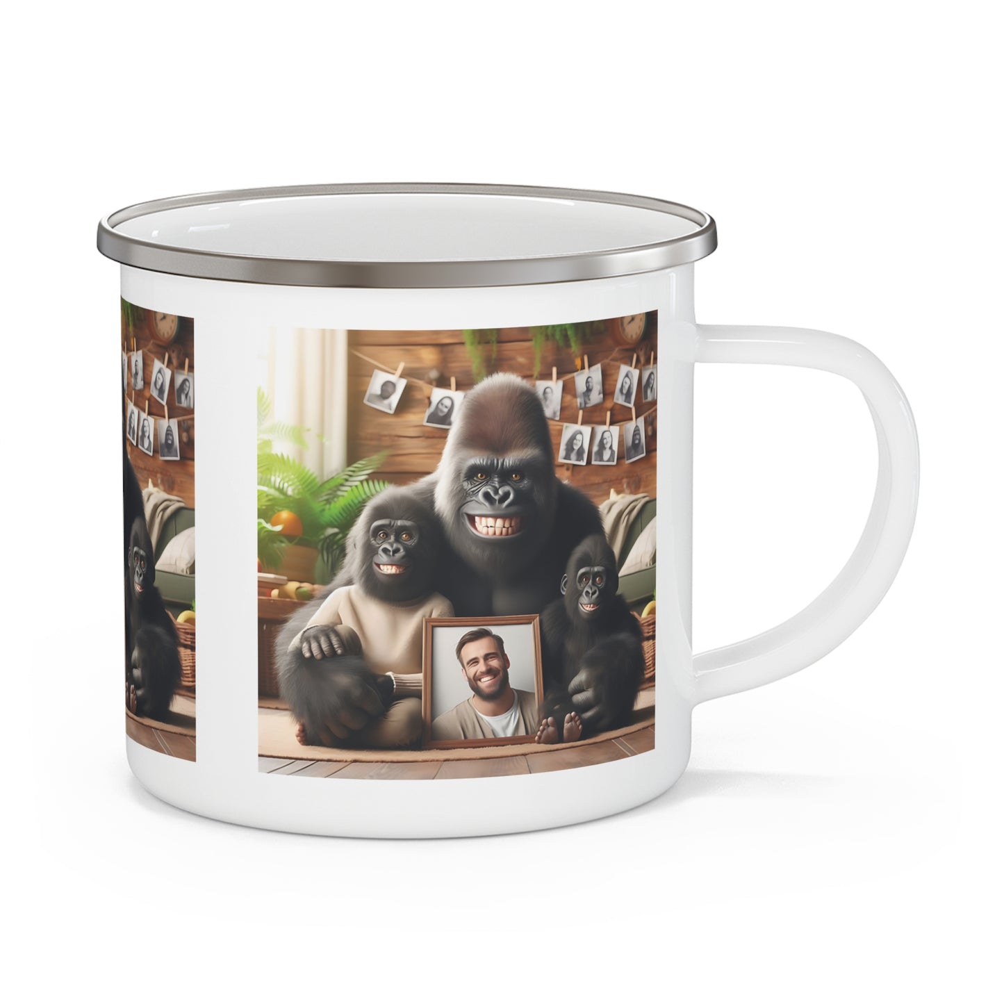 Enjoy your favorite beverage with this heartwarming design "Family Gorillas Cozy Home" enamel camping mug. This mug is perfect for wildlife, gorilla lovers, and camping fans. Ideal for outdoor adventures, hiking, and picnics. A great gift for those who love nature-inspired art. BUY NOW! (SK Superb)