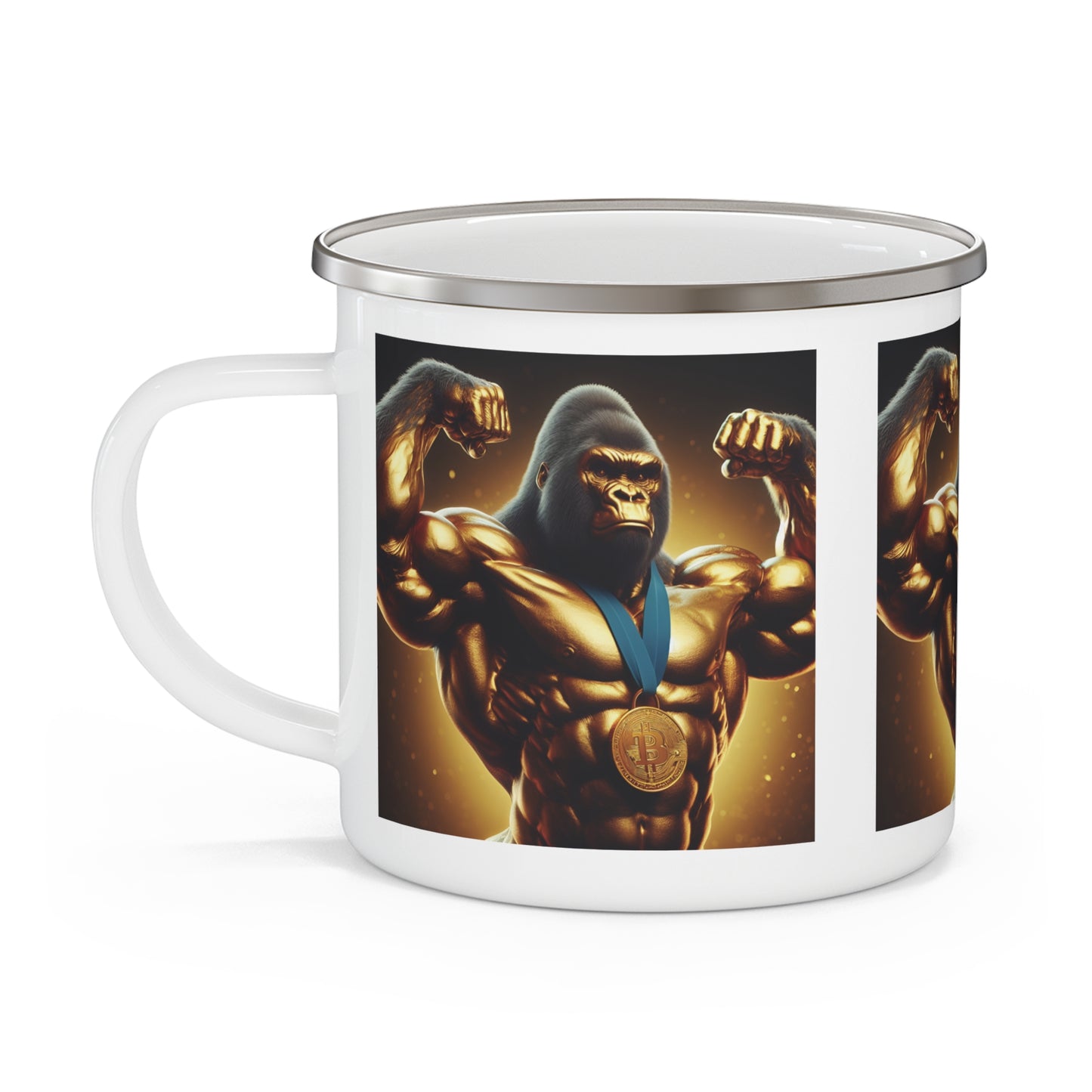 Gold Medal Gorilla Bodybuilder Enamel Camping Mug - Fitness Theme