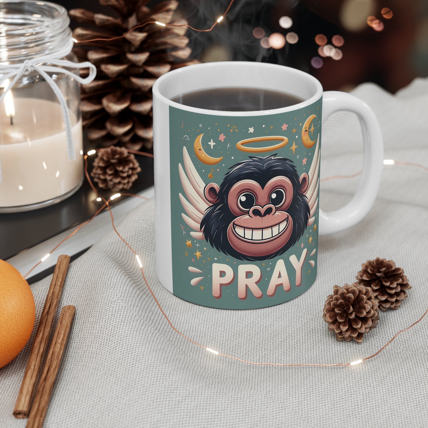 Charming Cartoon Angel Gorilla 11oz Mug – Inspirational 'Pray' Design