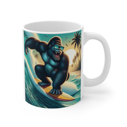 Ride the waves with our Exciting Gorilla Surfing Adventure 11oz Mug. Perfect for surfers, gorilla enthusiasts, or anyone who loves unique and fun designs. BUY NOW! (SK Superb)