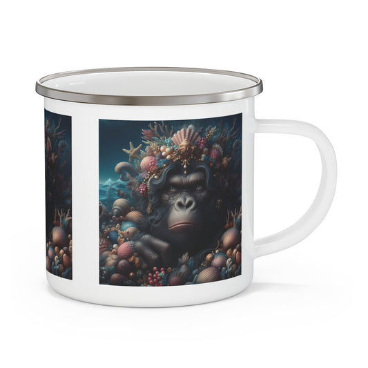 A stunning "Gorilla Mermaid Queen" Enamel Camping Mug ideal for bachelorette parties, bridal showers, or adventurous getaways. A functional and artistic mug for both outdoor adventures and home use. Great gift for nature, ocean lovers, and as a special bachelorette party favor. BUY NOW! (SK Superb)