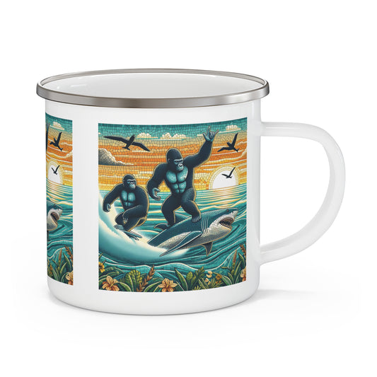 Ride the waves of excitement with our "Gorillas Surfing on Sharks" Enamel Camping Mug. A mosaic artwork of two gorillas riding the waves on the backs of sharks, a mug ideal for camping, hiking, surfing, and home use. A fun gift for surf lovers, nature enthusiasts, adventurers, and art aficionados. BUY NOW! (SK Superb)