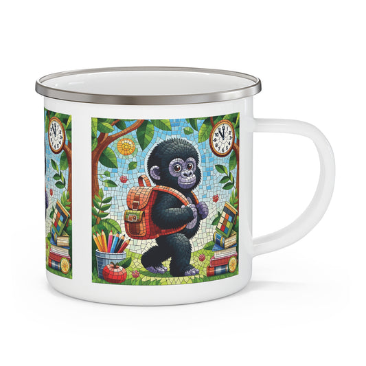 Adorable baby gorilla enamel mug for kids, teachers, animal lovers! A mosaic-style design of a cute gorilla carrying a backpack in a playful school scene. Great for camping, picnics, or everyday use. A unique back-to-school gift or teacher appreciation present, perfect for outdoor adventures. BUY NOW! (SK Superb)
