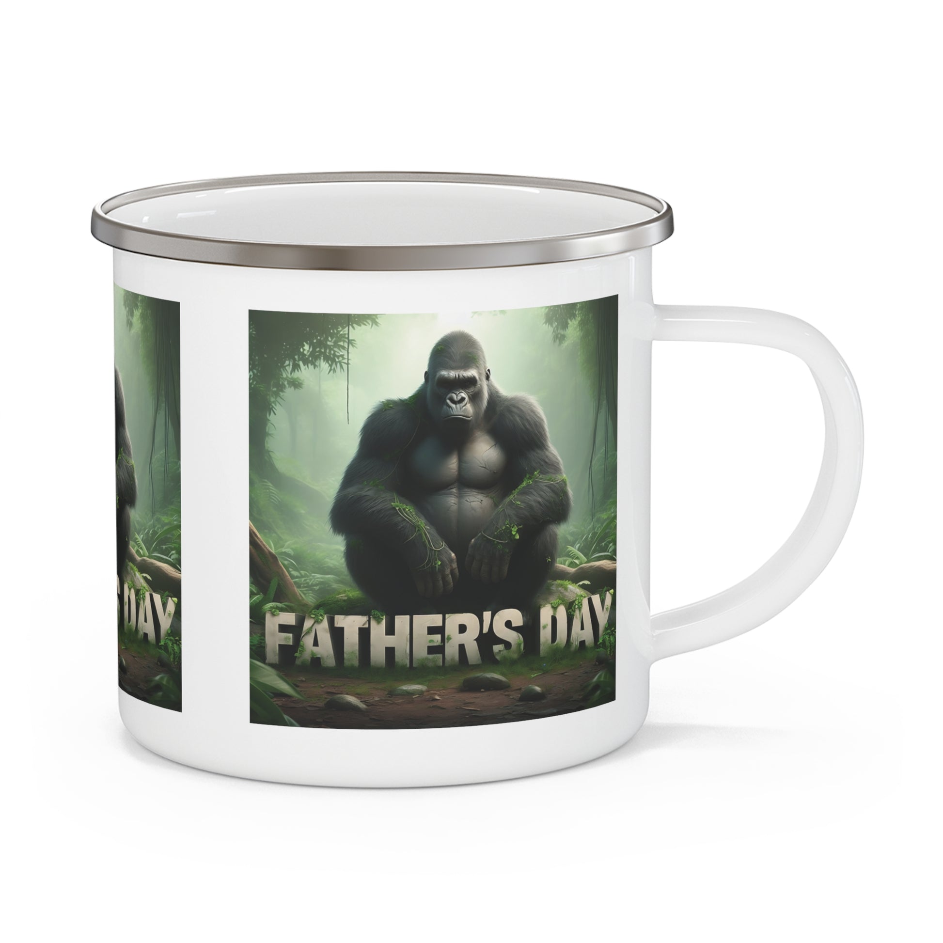 Celebrate Father's Day with this enamel camping mug of a powerful gorilla in a serene forest setting, with the words "FATHER'S DAY" boldly displayed. A thoughtful gift for dads who love nature, outdoor enthusiasts and adventure. Ideal for camping, hiking, picnics or enjoying drinks at home. BUY NOW! (SK Superb)