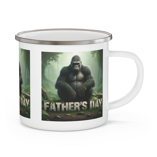 Celebrate Father's Day with this enamel camping mug of a powerful gorilla in a serene forest setting, with the words "FATHER'S DAY" boldly displayed. A thoughtful gift for dads who love nature, outdoor enthusiasts and adventure. Ideal for camping, hiking, picnics or enjoying drinks at home. BUY NOW! (SK Superb)