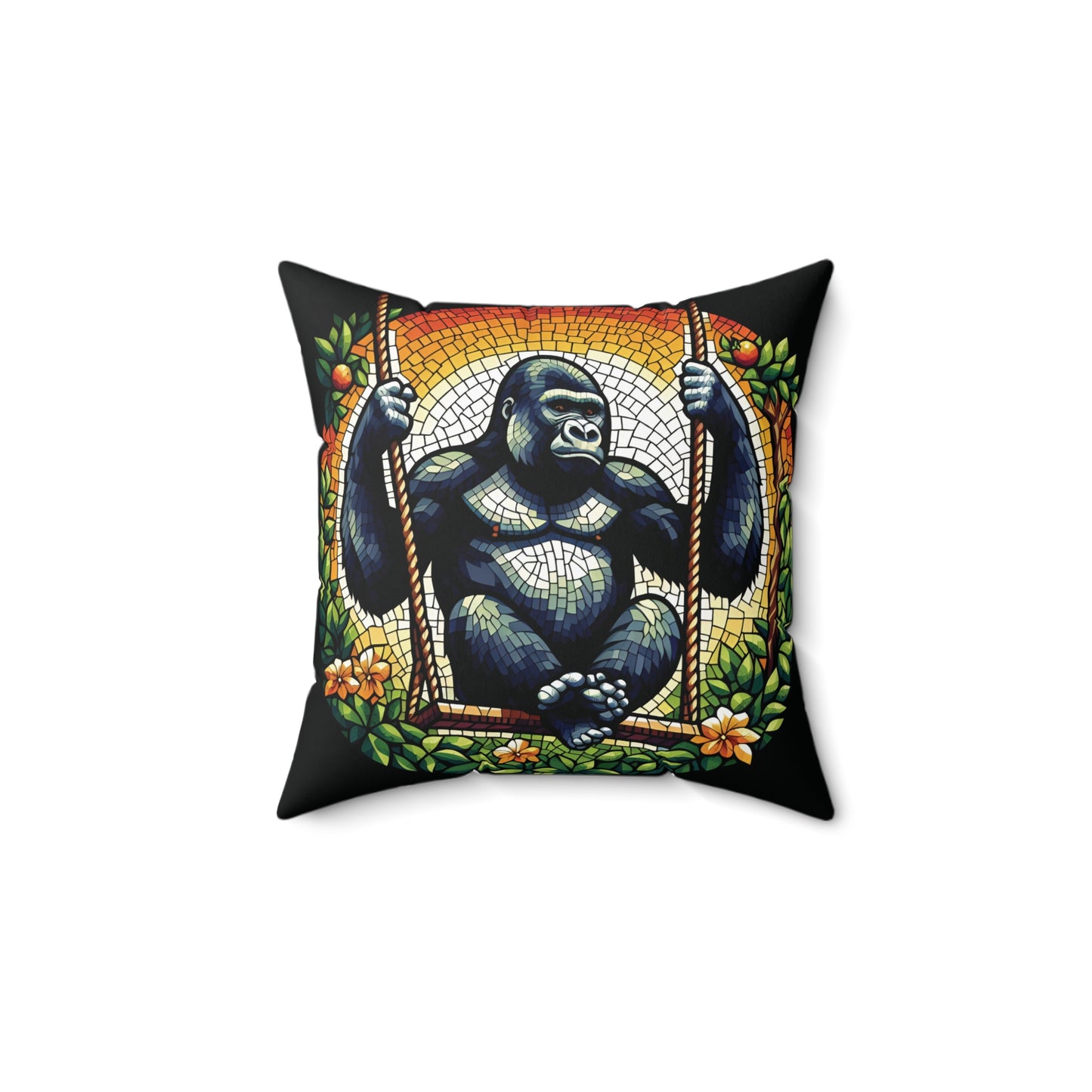 A captivating jungle elegance with the Gorilla Swinging Under Mosaic Moon Pillow. A gorilla swinging gracefully under a mosaic moon. Perfect for animal lovers and art enthusiasts alike, add a bold and artistic flair to their home decor with this pillow. A great gift too. ORDER YOURS TODAY (SK Superb)