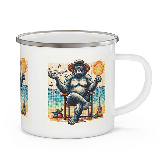 A blend of relaxation and adventure with our mosaic art "Relaxing Gorilla Musician" Enamel Camping Mug, much like a human enjoying the outdoors with music. A practical mug for camping, hiking, outdoor and music lovers. BUY NOW! (SK Superb)