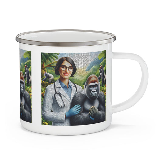 This enamel mug features a human vet doctor with a gorilla is a great gift for anyone passionate about veterinary care, wildlife conservation, or outdoor adventures. Ideal for camping or daily use, this mug captures the bond between humans and wildlife. Perfect for animal and nature lovers. BUY NOW! (SK Superb)