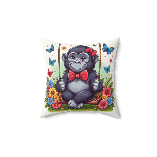 Cute Throw Pillow for home decor featuring an adorable monkey on a swing. Perfect for a child's bedroom or a playful addition to your living room, bringing a cheerful and fun atmosphere to any space. Brighten up your home with this charming and unique decorative piece. (SK Superb)
