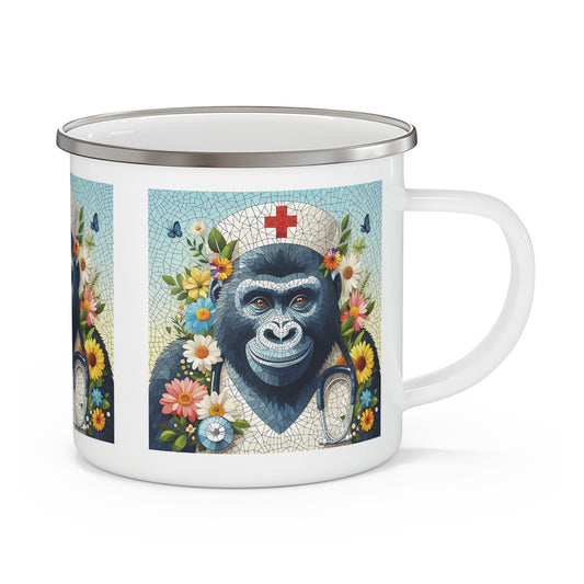 Enjoy art, functionality, compassion with our mosaic style "Gorilla Nurse" Enamel Camping Mug. This mug is perfect for outdoor adventures, camping trips, or home use. Ideal Gift: for healthcare professionals, nurses, animal lovers, and anyone who appreciates artistic designs. BUY NOW! (SK Superb)