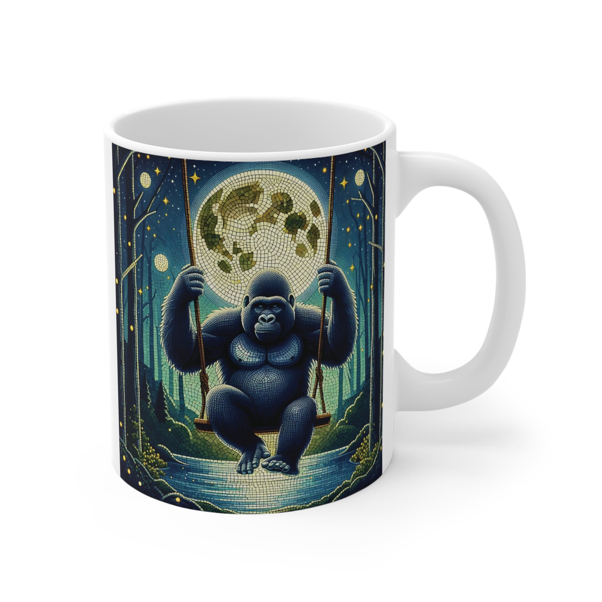 Our "Gorilla Swinging under Supermoon" 11oz Mug creates a calming and magical thrill for night swing lovers. A practical mug addition for your kitchen. Ideal for nature and supermoon lovers, gorilla enthusiasts and night-time adventurers. BUY NOW! (SK Superb)