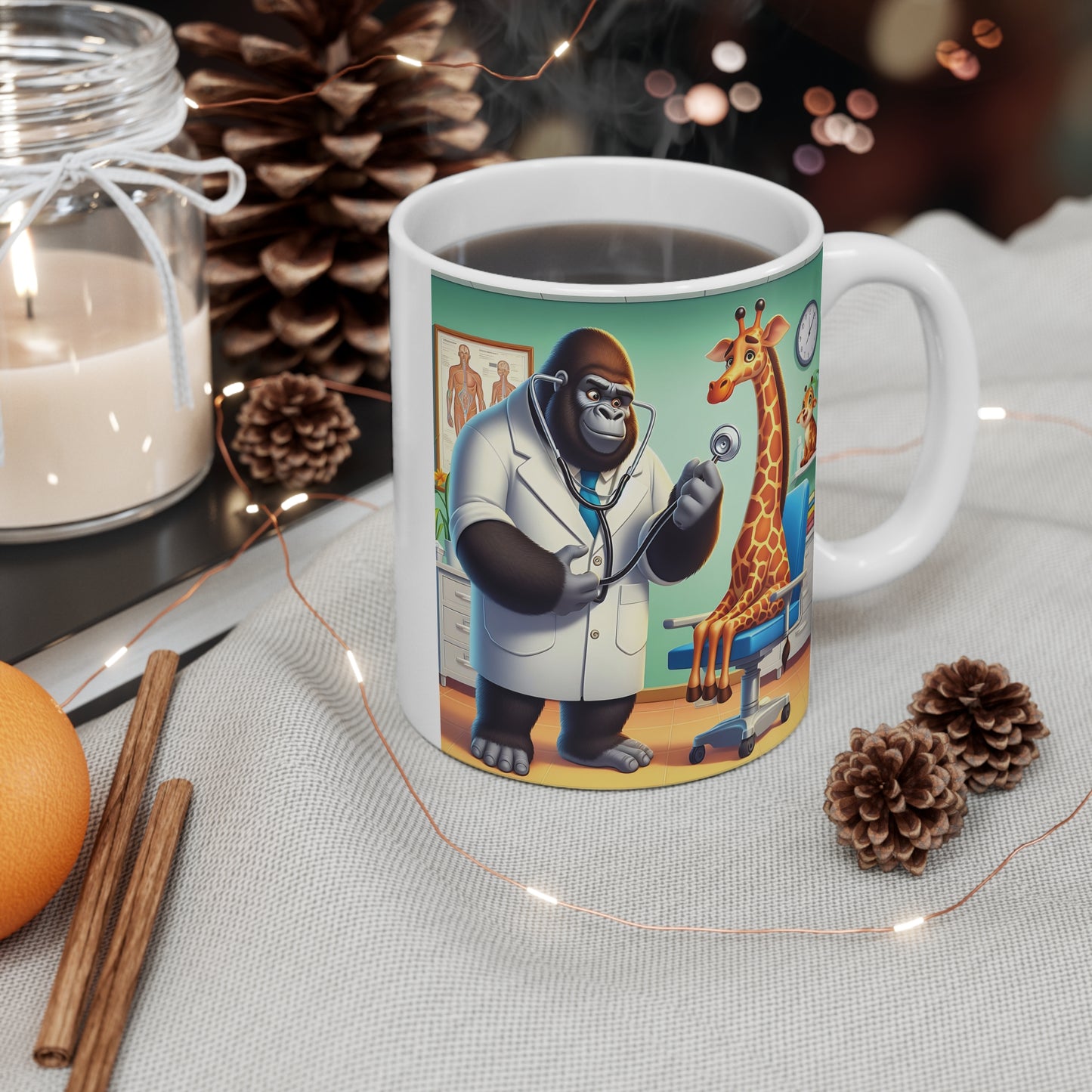 Cartoon Gorilla Vet Doctor Examining Giraffe 11oz Mug