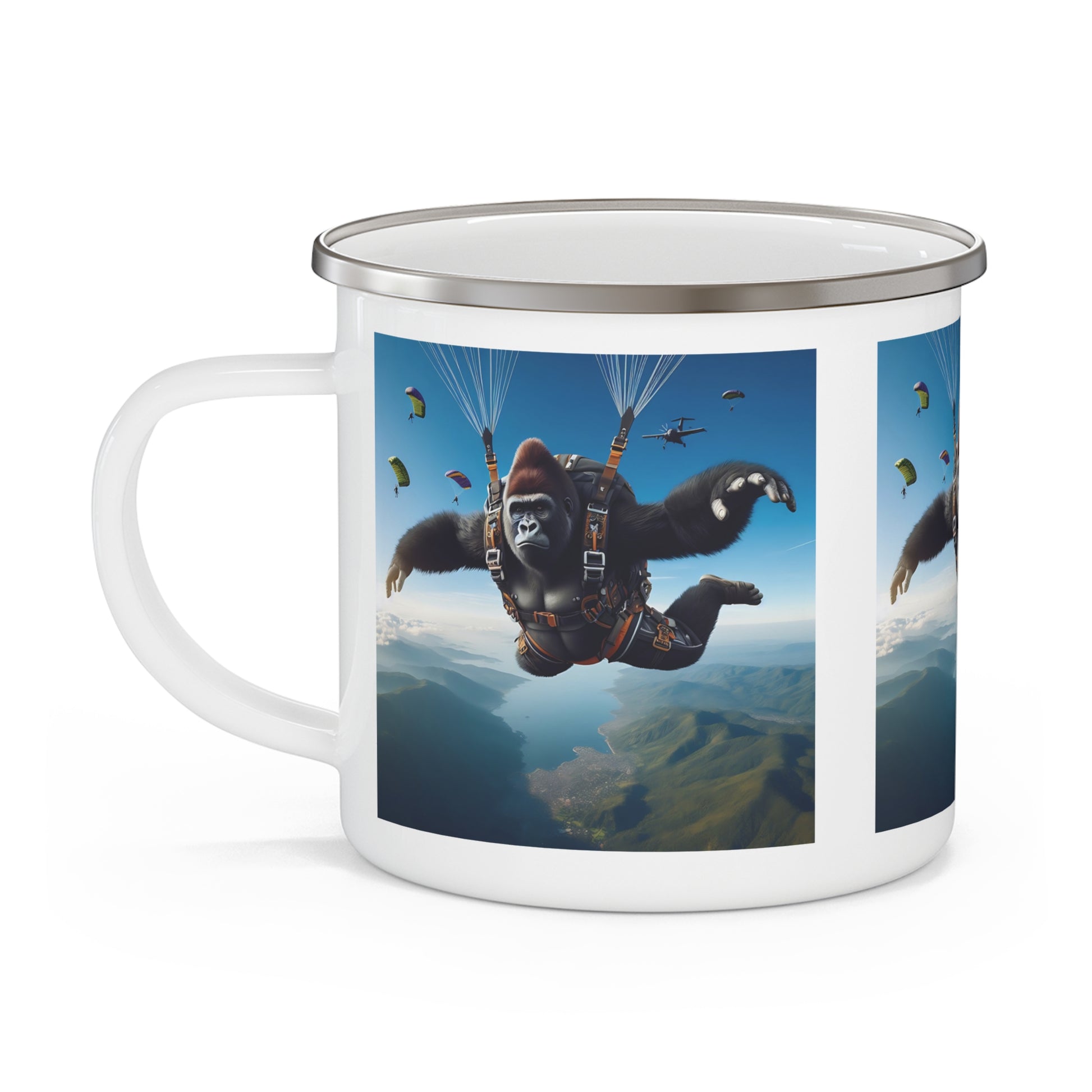 Gorilla Skydiving Adventure Enamel Camping Mug – For Outdoor Enthusiasts and Skydiving Fans