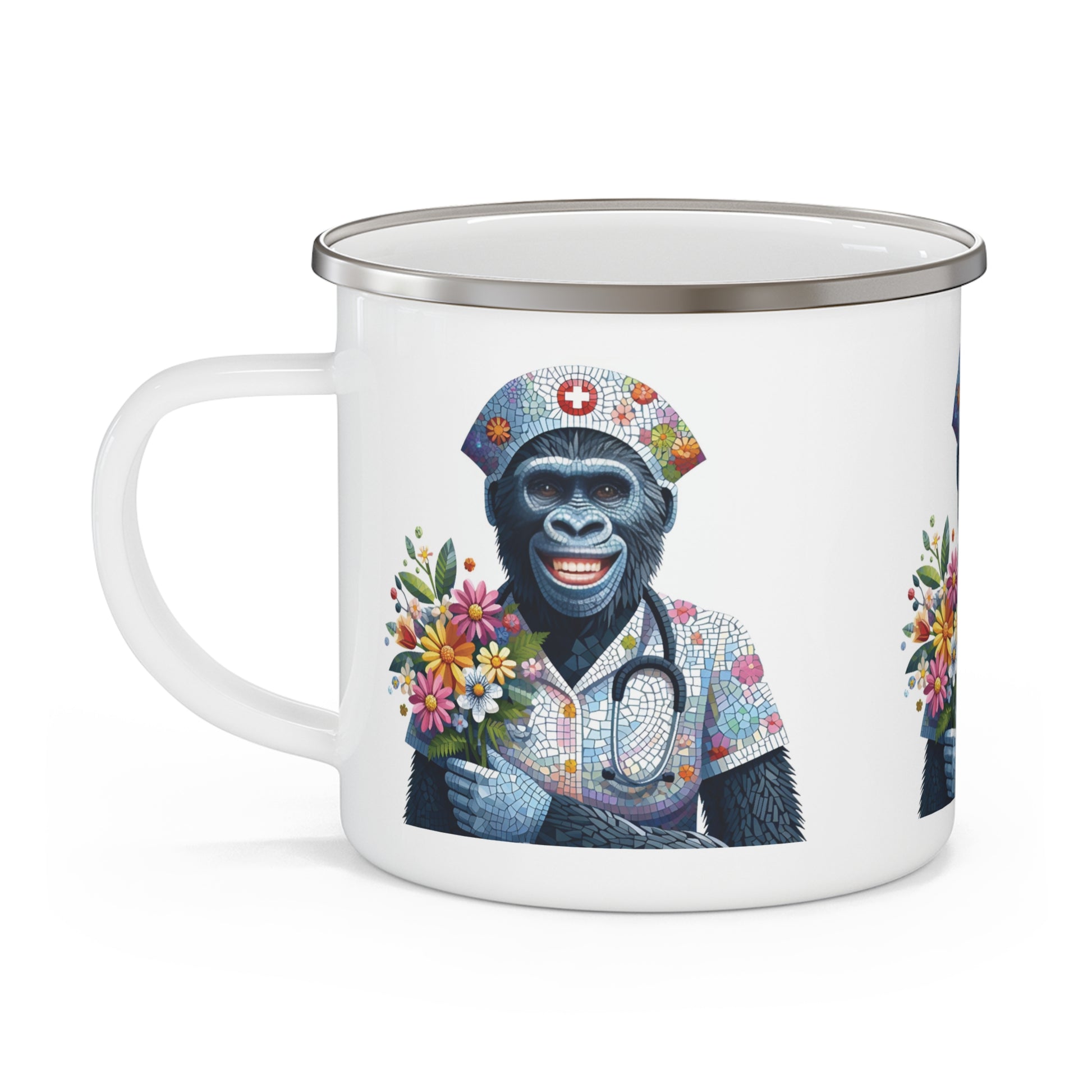 Nurse Theme Gorilla Enamel Camping Mug - Mosaic Style