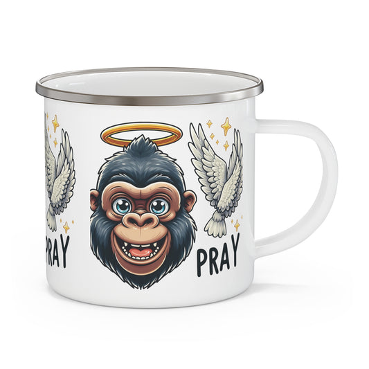 Our cute gorilla enamel mug with a halo, wings, and the word "PRAY," is perfect for camping, outdoor adventures, hiking, travel or daily use. The charming design offers inspiration and positivity, a great gift for animal, nature lovers, and those who appreciate fun, motivational drinkware. BUY NOW! (SK Superb)