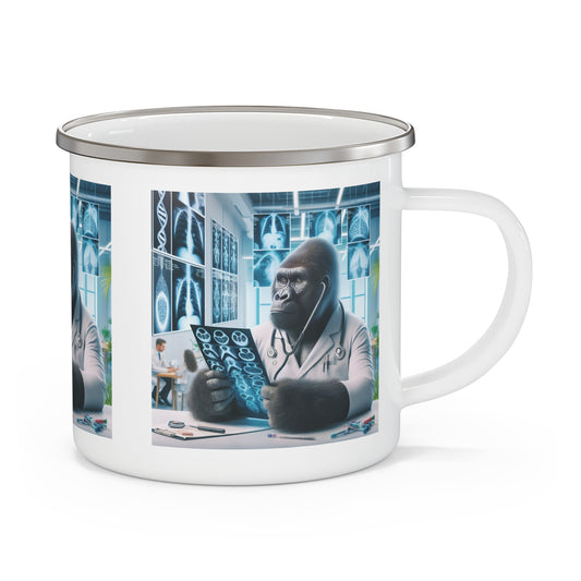 Our creative design medical-themed "Gorilla Doctor Reviewing X-rays" Enamel Mug. Perfect for camping, outdoor adventures, or daily use. Ideal gift for healthcare professionals, and animal lovers who enjoy quirky, imaginative designs. BUY NOW! (SK Superb)