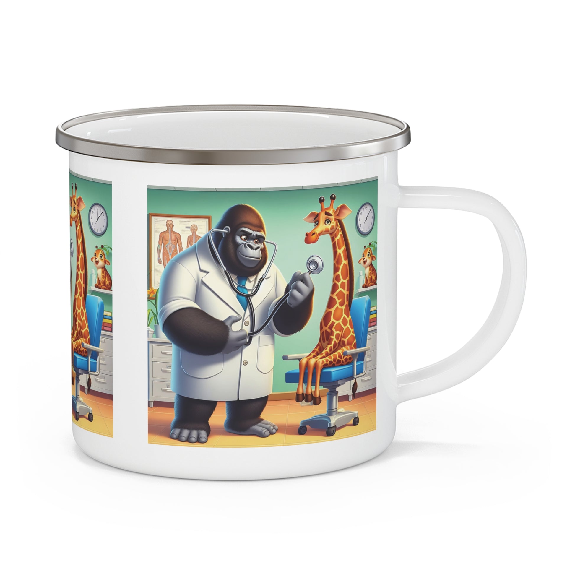 Our fun cartoon-style "Gorilla Doctor & Giraffe Patient" Enamel Camping Mug is perfect for campers, hikers, and nature lovers. Ideal for outdoor adventures or as a unique gift for animal lovers and outdoor enthusiasts. BUY NOW! (SK Superb)