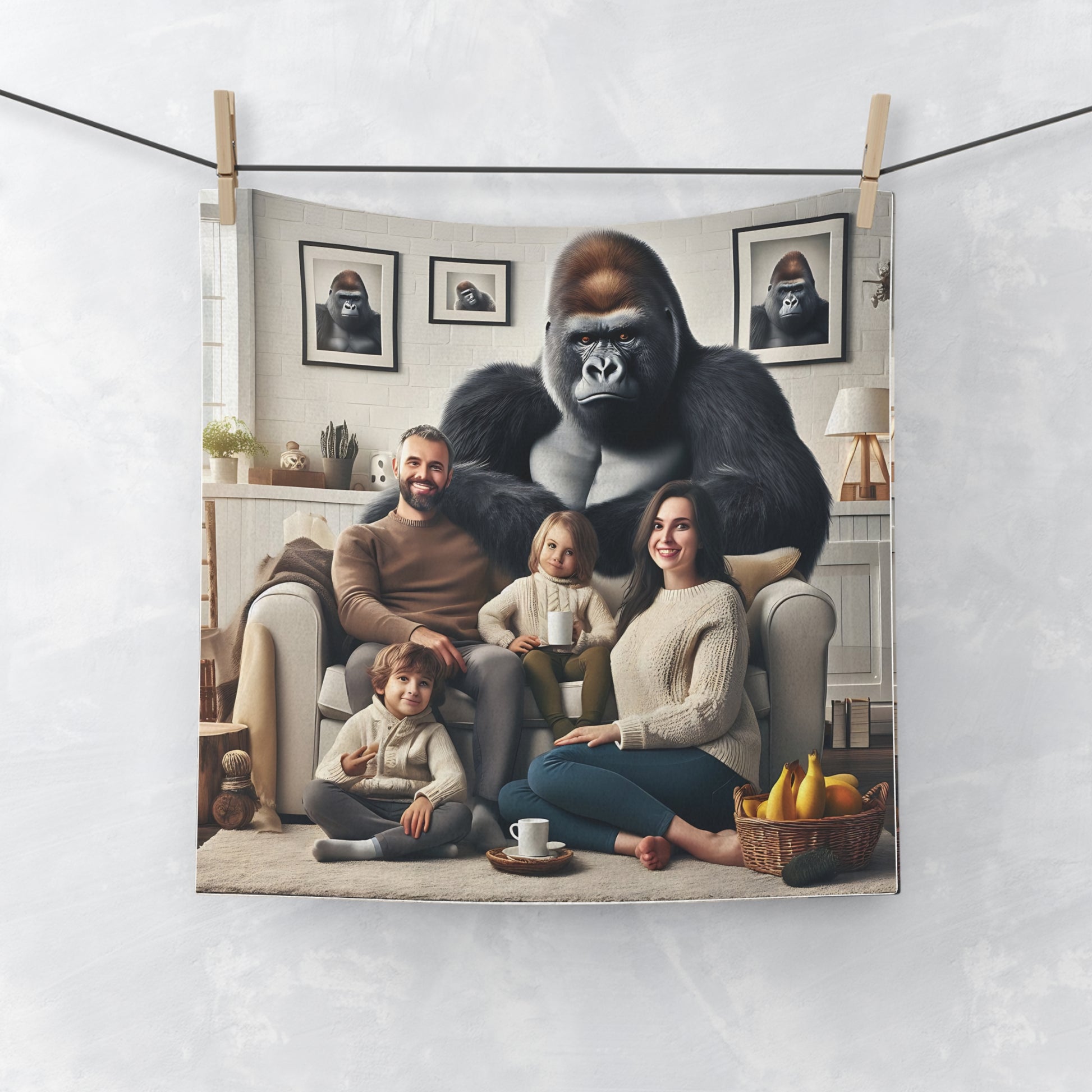 Embrace the warmth and comfort of family moments with our Cozy Family Gathering Gorilla Face Towel. This towel features a whimsical design of a gorilla seated comfortably with a loving human family. Ideal for your bathroom, gym, or as a gift for friends, family, and gorilla lovers. BUY NOW! (SK Superb)