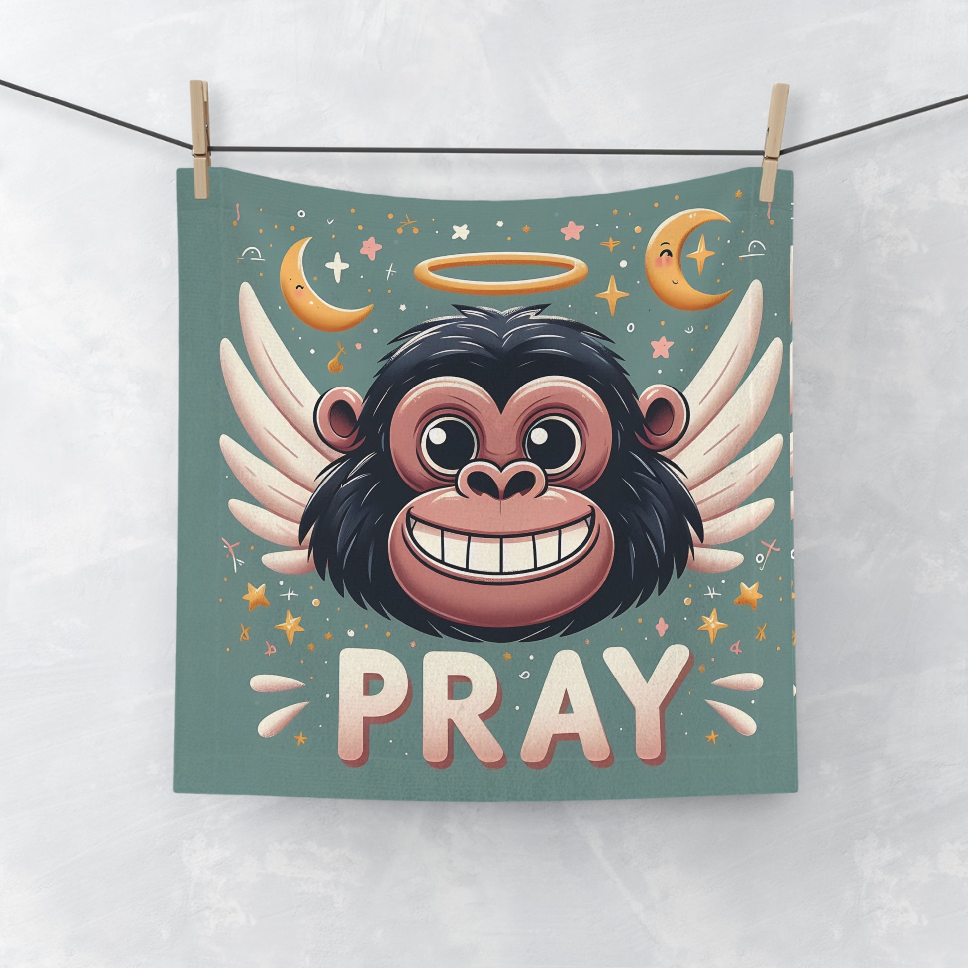 This towel features a smiling gorilla with angel wings and a glowing halo, reminding you of strength and spirituality. Ideal for face, hand, or kitchen use. A thoughtful and inspirational gift for friends and family. A face towel blending art, spirituality, and functionality. BUY NOW! (SK Superb)