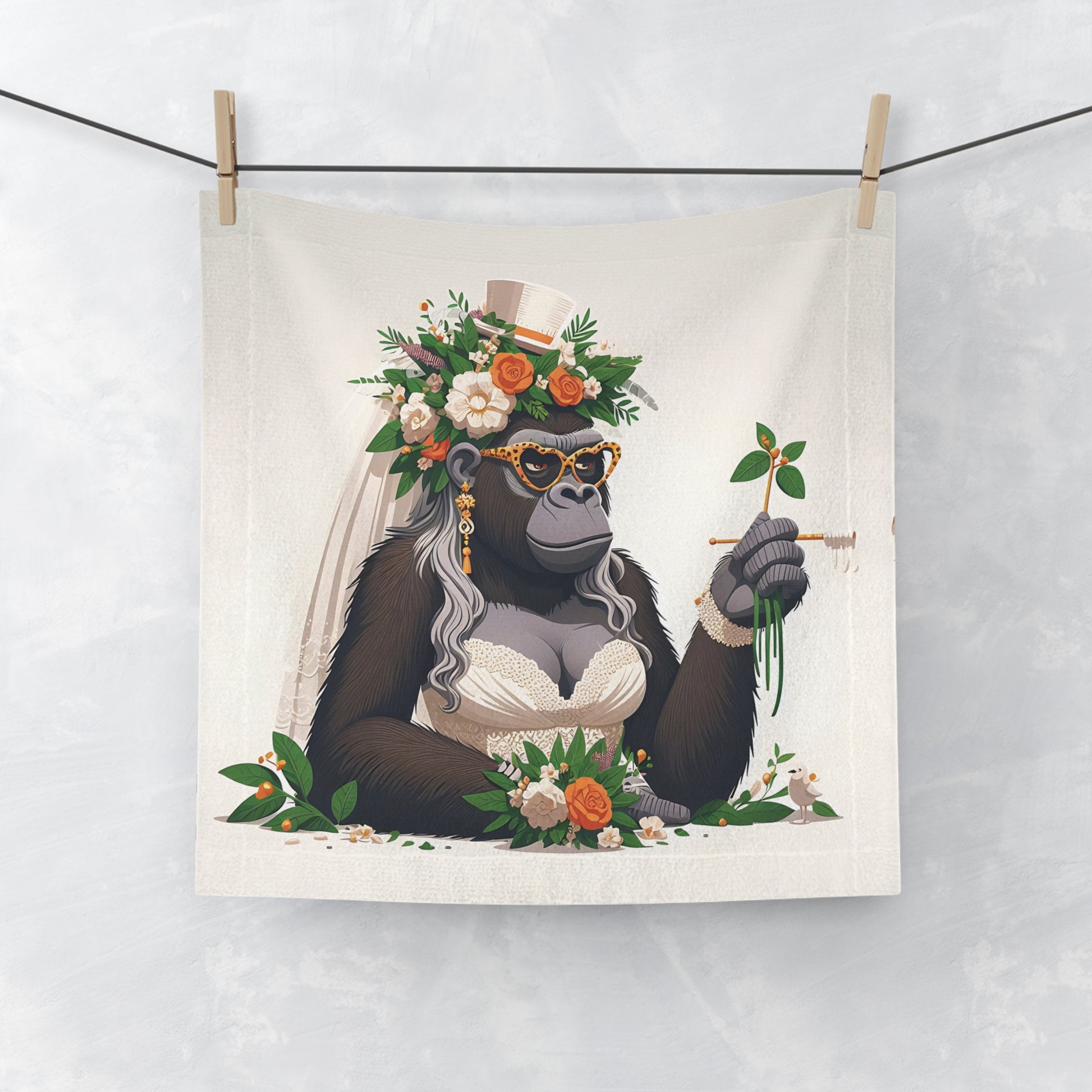 Our Elegant Bride Gorilla Face Towel features a stunning gorilla dressed as a beautiful bride, making this towel a perfect blend of humor and elegance. A perfect gift for animal lovers and those who appreciate creative and playful art. BUY NOW! (SK Superb)