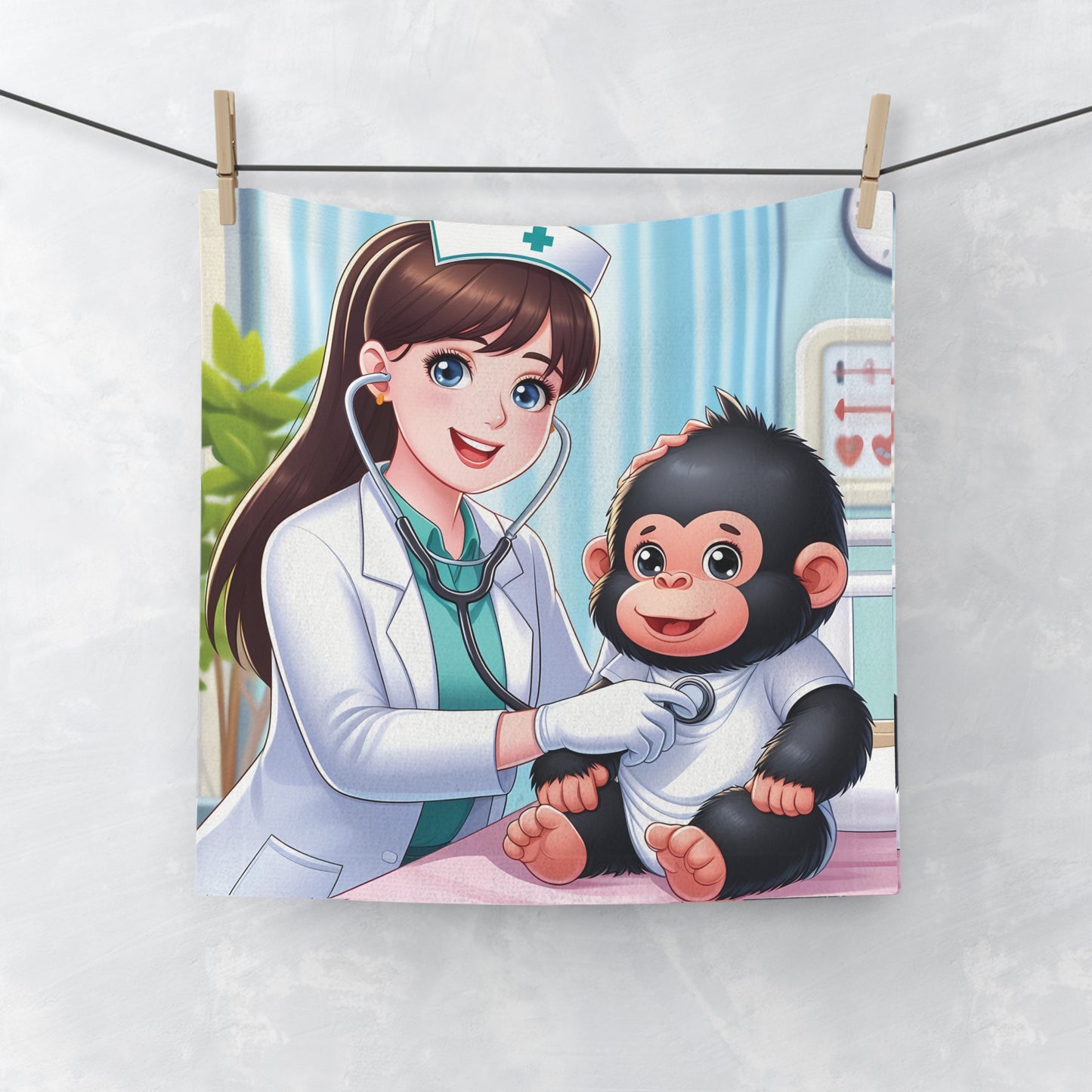 A whimsy face towel featuring a charming cartoon nurse examining a baby monkey. A unique gift for children, adults and animal lovers alike. Suitable for use in the bathroom, nursery, or as a gym or travel towel, providing both functionality and style. Gift for birthdays, baby showers. BUY NOW! (SK Superb)