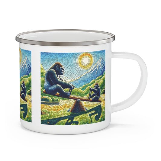 Experience the joy of nature and the heartwarming bond between parent and child with our Gorilla Family Seesaw Adventure Enamel Camping Mug. A mosaic-style art, this mug is perfect for your camping, hiking, and outdoor adventures. Ideal gift for animal lovers who enjoy whimsical  designs. BUY NOW! (SK Superb)
