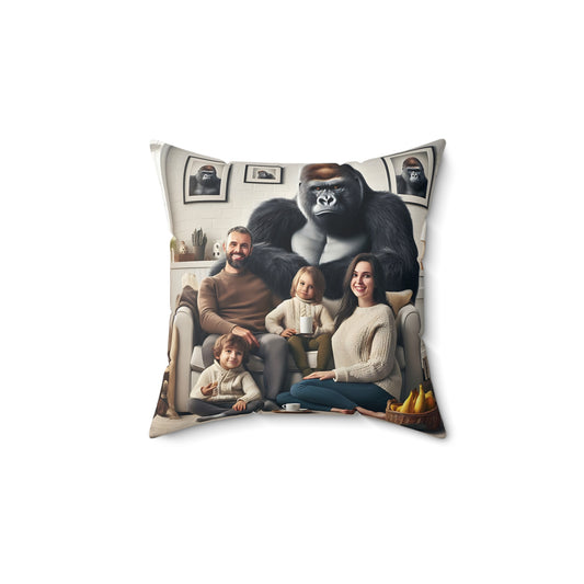 Featuring a heartwarming scene of a gorilla sitting comfortably with a human family in this "Gorilla Family Gathering Pillow." This decorative pillow adds fun, family love, and whimsy to your home decor. Ideal as a gift, home accessory, or collectible, ORDER NOW and enjoy the love and laughter it brings! (SK Superb)