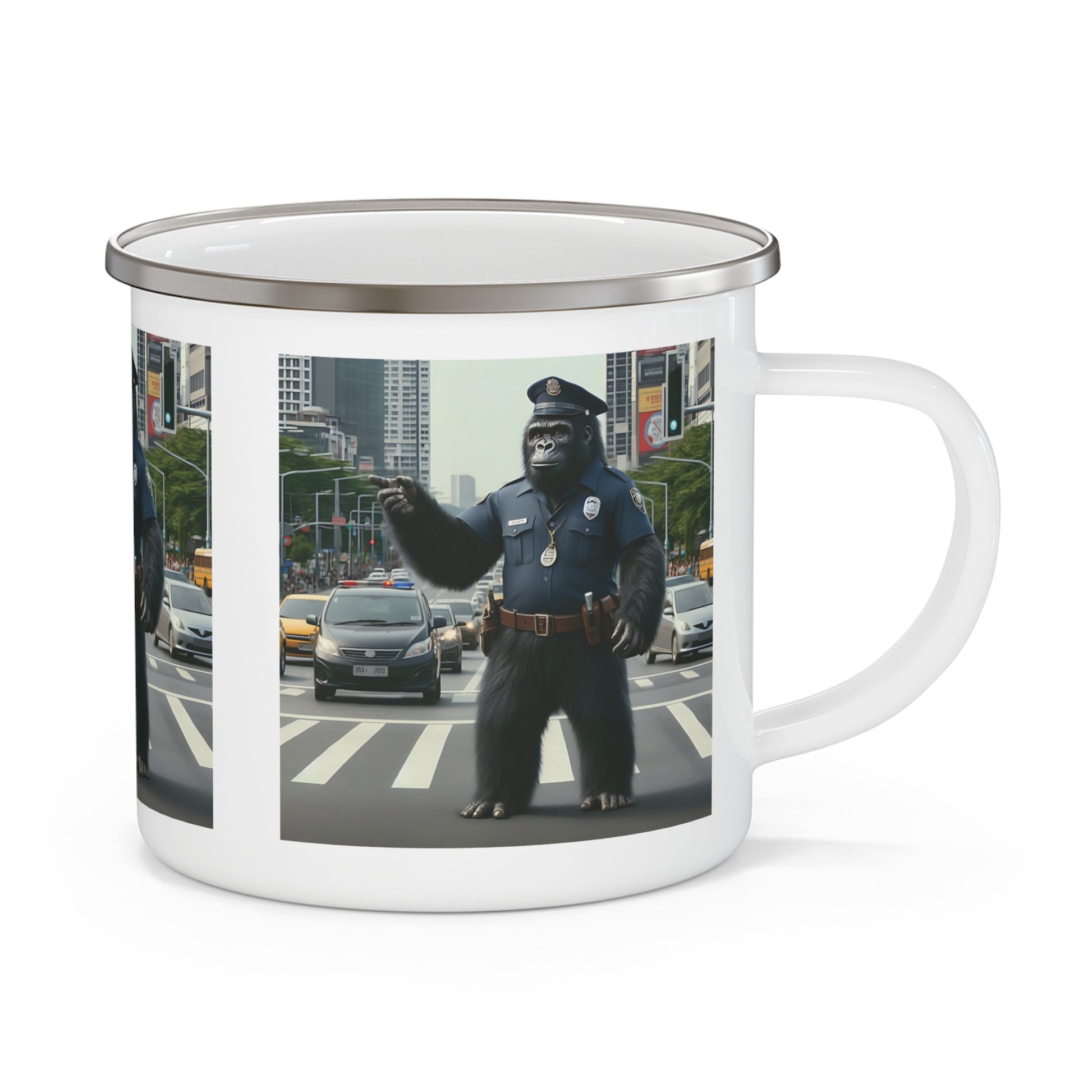 Enjoy your outdoor adventures with this fun "Gorilla Traffic Cop" Enamel Camping Mug! A playful design of a gorilla police officer directing traffic in a city. This mug is ideal for camping, hiking, or daily use. A great gift for wildlife enthusiasts and lovers of quirky, animal-themed drinkware. BUY NOW! (SK Superb)
