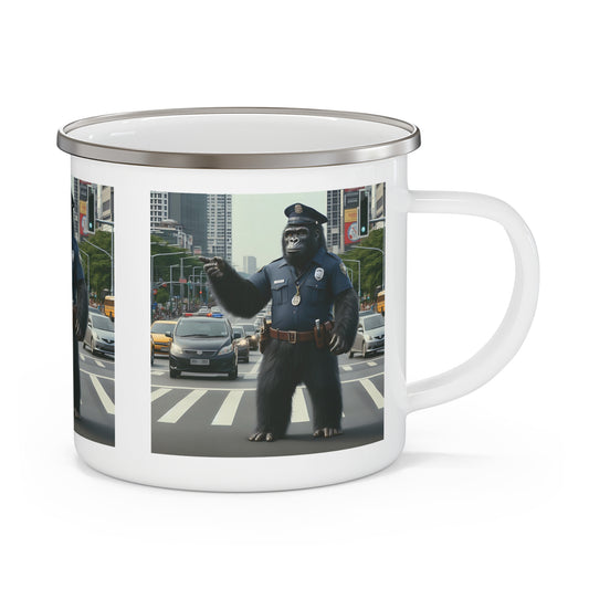 Enjoy your outdoor adventures with this fun "Gorilla Traffic Cop" Enamel Camping Mug! A playful design of a gorilla police officer directing traffic in a city. This mug is ideal for camping, hiking, or daily use. A great gift for wildlife enthusiasts and lovers of quirky, animal-themed drinkware. BUY NOW! (SK Superb)