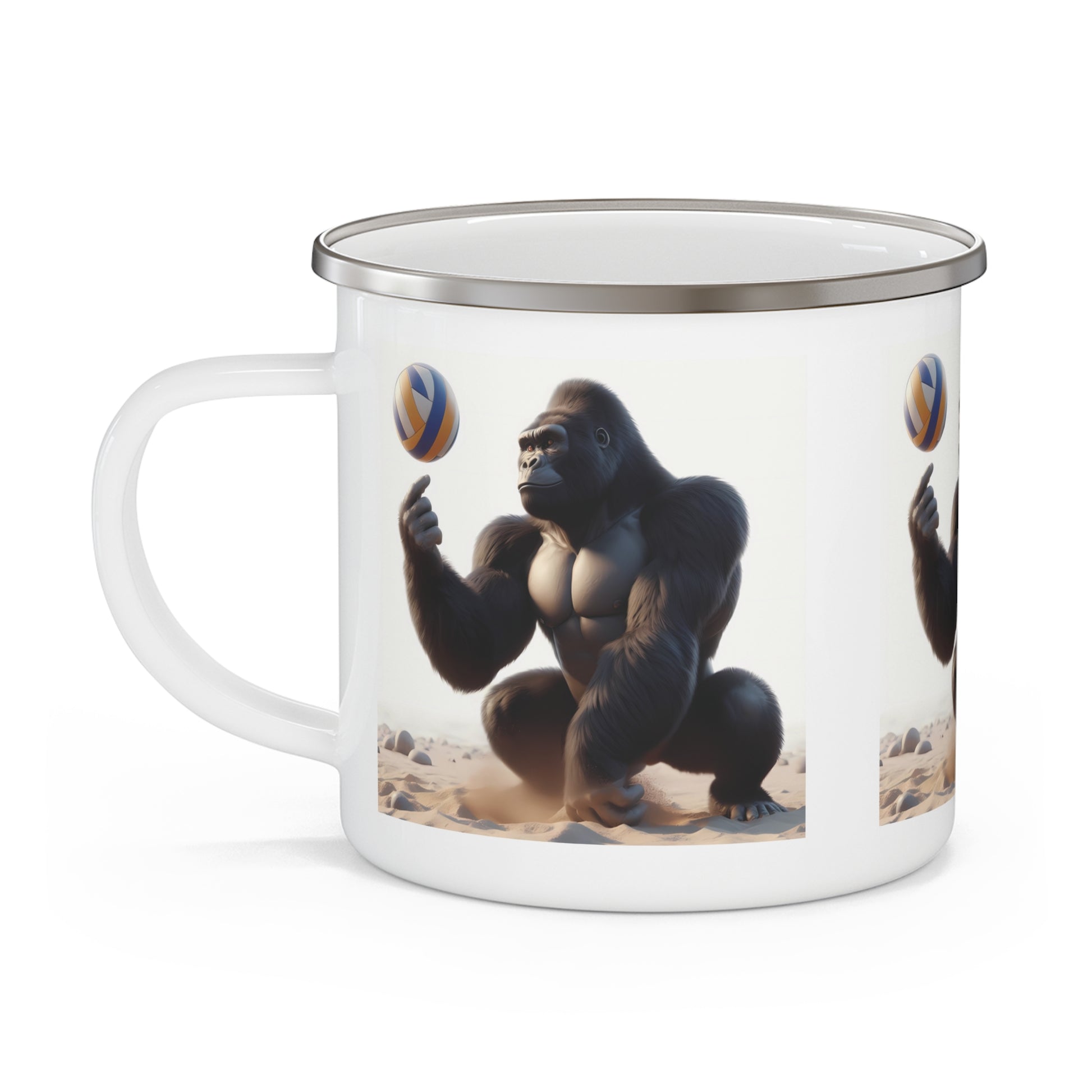 Outdoor Adventure Enamel Coffee Mug Gift Gorilla Playing Beach Volleyball - Animal Lover