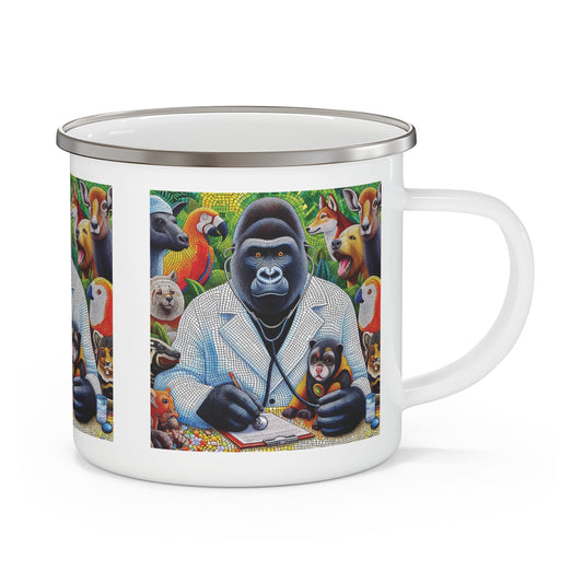 Enjoy your outdoor adventures with our mosaic-style "Gorilla Vet Doctor" Enamel Camping Mug, surrounded by animals. A functional mug for animal lovers and outdoor enthusiasts. Ideal gift for veterinarians or anyone who appreciates wildlife-themed art. BUY NOW! (SK Superb)