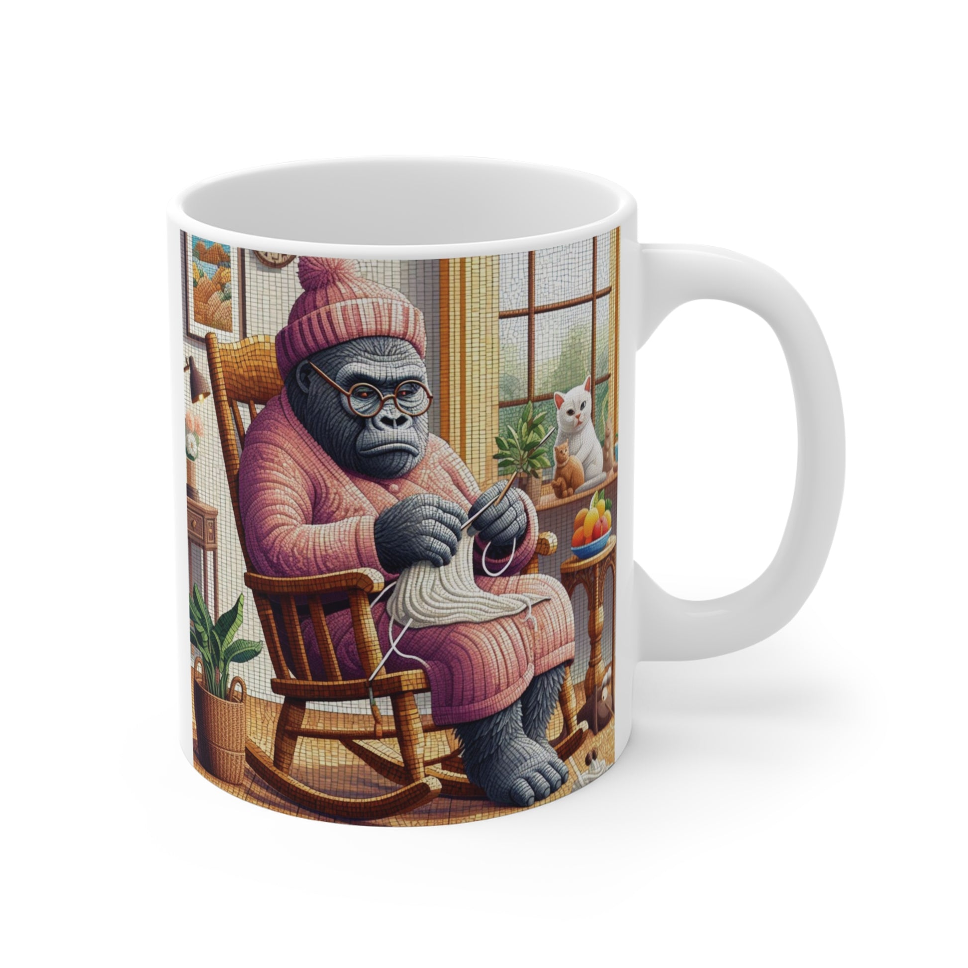 A delightful scene of "Grandma Gorilla Knitting 11oz Mug" for animal lovers, grandmothers, and anyone who enjoys quirky designs. A funny animal mug. BUY NOW!