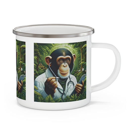 Our whimsical "Chimpanzee Doctor" enamel camping mug is perfect for both indoor and outdoor adventures. Ideal for veterinarians, doctors, animal, nature lovers. A functional mug with artistic design for camping, hiking, travel. BUY NOW! (SK Superb)