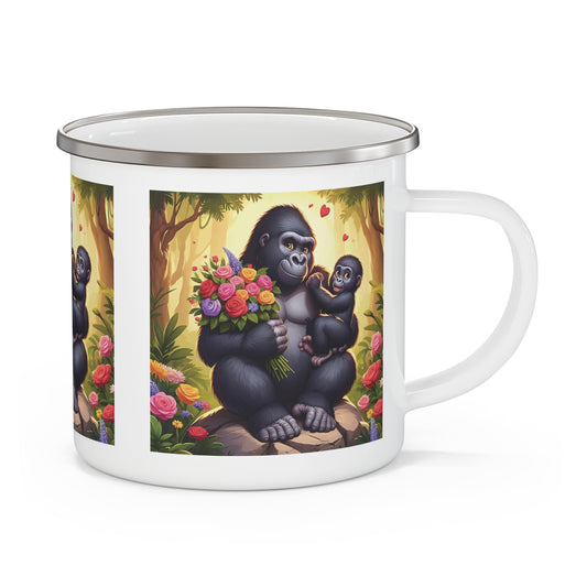 A heartwarming enamel camping mug of a mum gorilla and baby that celebrates the bond between parent and child. This wildlife-themed mug is ideal for outdoor adventures, camping, hiking. Gift for nature, animal lovers. This mug adds a touch of warmth to any outdoor gear or home collection. BUY NOW! (SK Superb)
