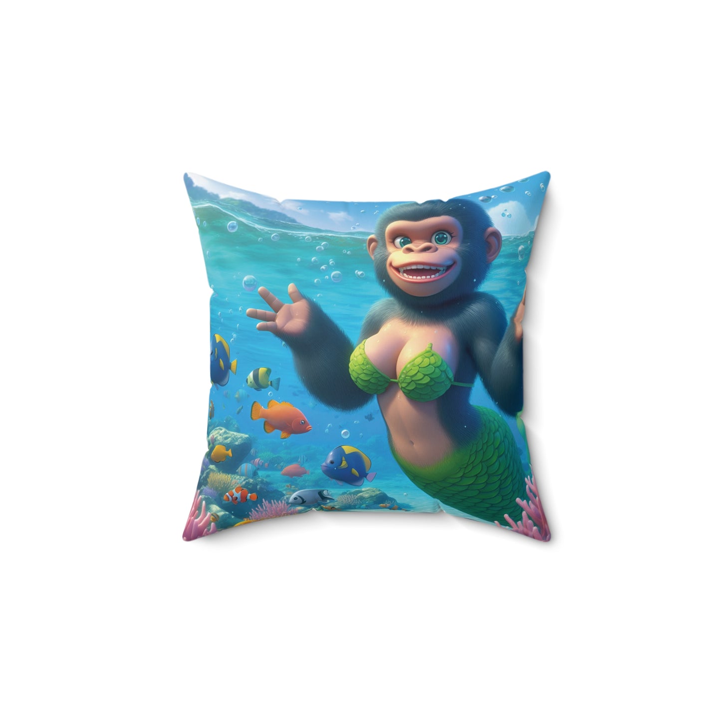 Dive into comfort and fun with our whimsical Mermaid Monkey Throw Pillow. Perfect for kids' rooms, beach houses, or anyone who loves playful and imaginative decor. This unique design features a joyful monkey mermaid swimming with vibrant tropical fish in an enchanting underwater scene. Order yours now! (SK Superb)