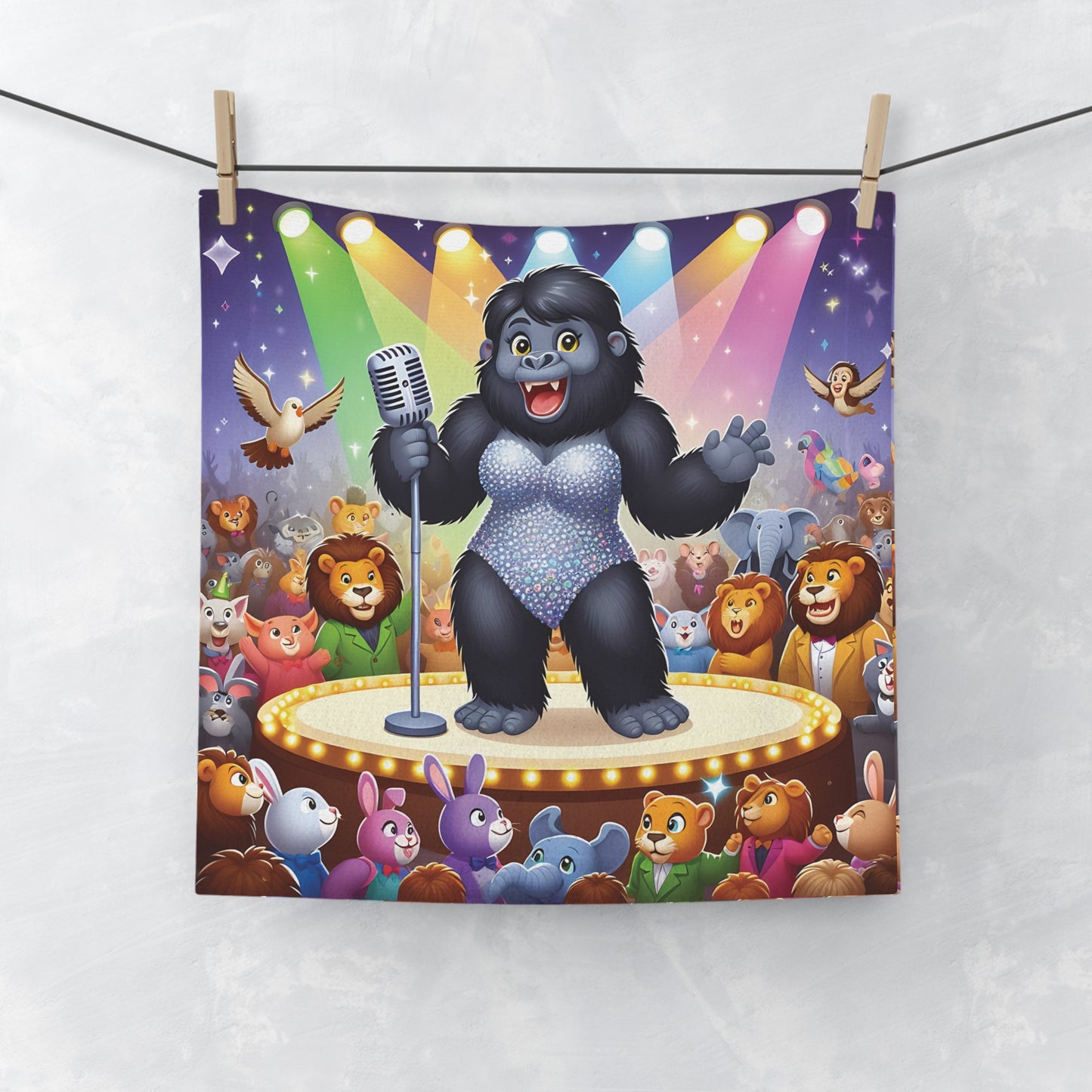 Elevate your bathroom decor with our "Star Performer Gorilla Face Towel"! Features a fun cartoon-style gorilla singer on stage, reminiscent of iconic human singers. An ideal gift for music lovers, animal enthusiasts, and anyone who appreciates unique, playful designs. BUY NOW! (SK Superb)