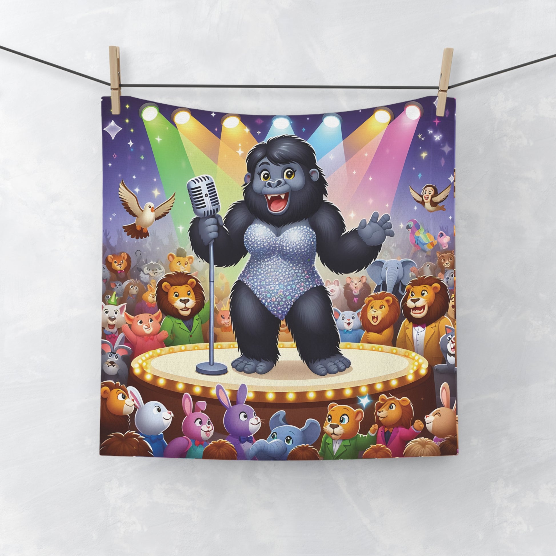 Elevate your bathroom decor with our "Star Performer Gorilla Face Towel"! Features a fun cartoon-style gorilla singer on stage, reminiscent of iconic human singers. An ideal gift for music lovers, animal enthusiasts, and anyone who appreciates unique, playful designs. BUY NOW! (SK Superb)