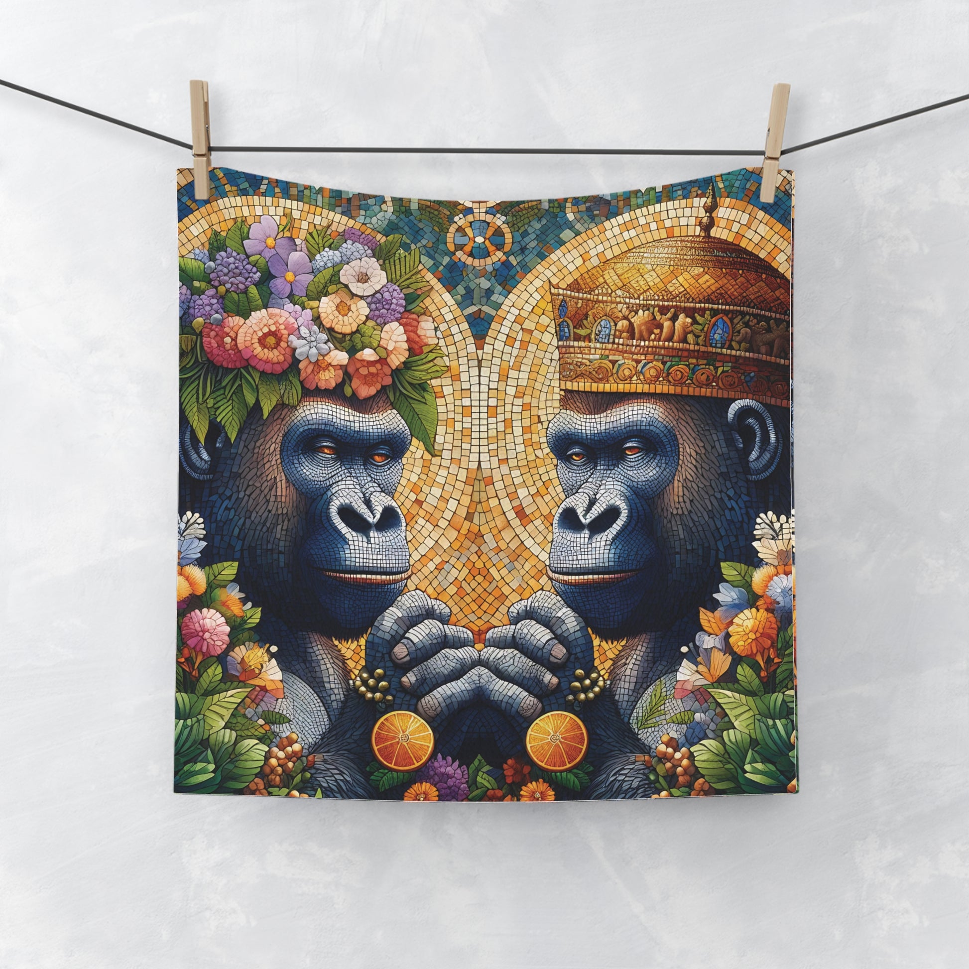 Elevate your daily routine with our "Royal Love Gorilla Mosaic Face Towel." The design beautifully mirrors the connection and love often seen in human relationships, making it a perfect gift for couples or art enthusiasts who appreciate unique and meaningful artistry. BUY NOW! (SK Superb)