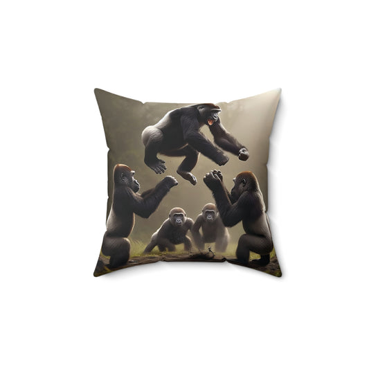 Bring the wild excitement of the jungle into your home with the "Forest Frolic: Excited Gorillas Pillow". This pillow captures the playful energy of lively gorillas jumping with joy in a forest setting. Perfect for animal lovers and those looking to add a touch of adventure to their decor. BUY NOW! (SK Superb)