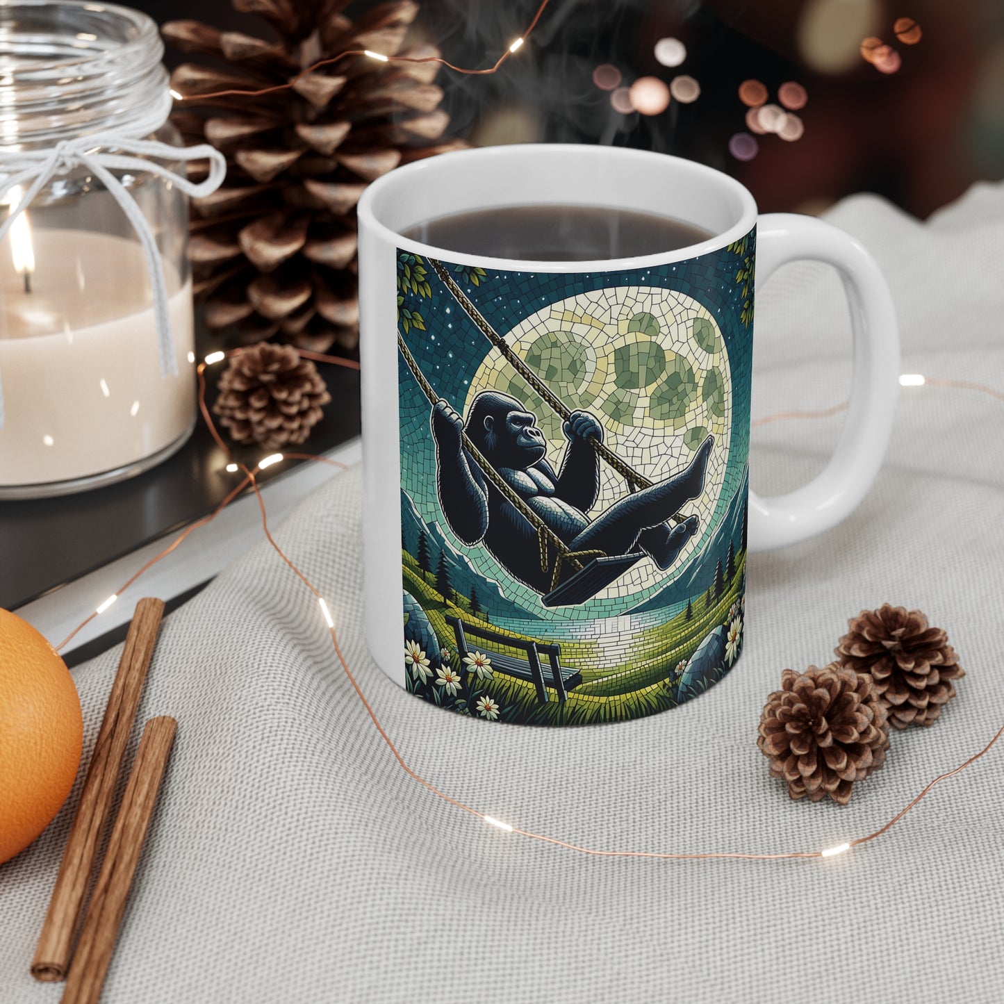 Serene Gorilla Night Swing 11oz Mug - Mosaic Art Coffee Cup, Full Moon Tranquility