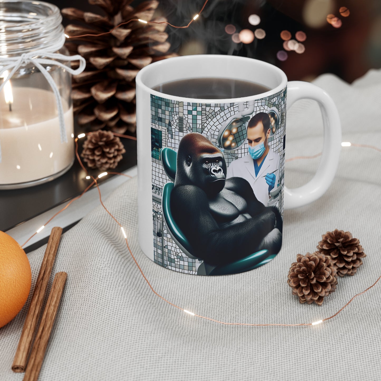 Whimsical Mosaic Style Gorilla Patient & Dentist 11oz Mug