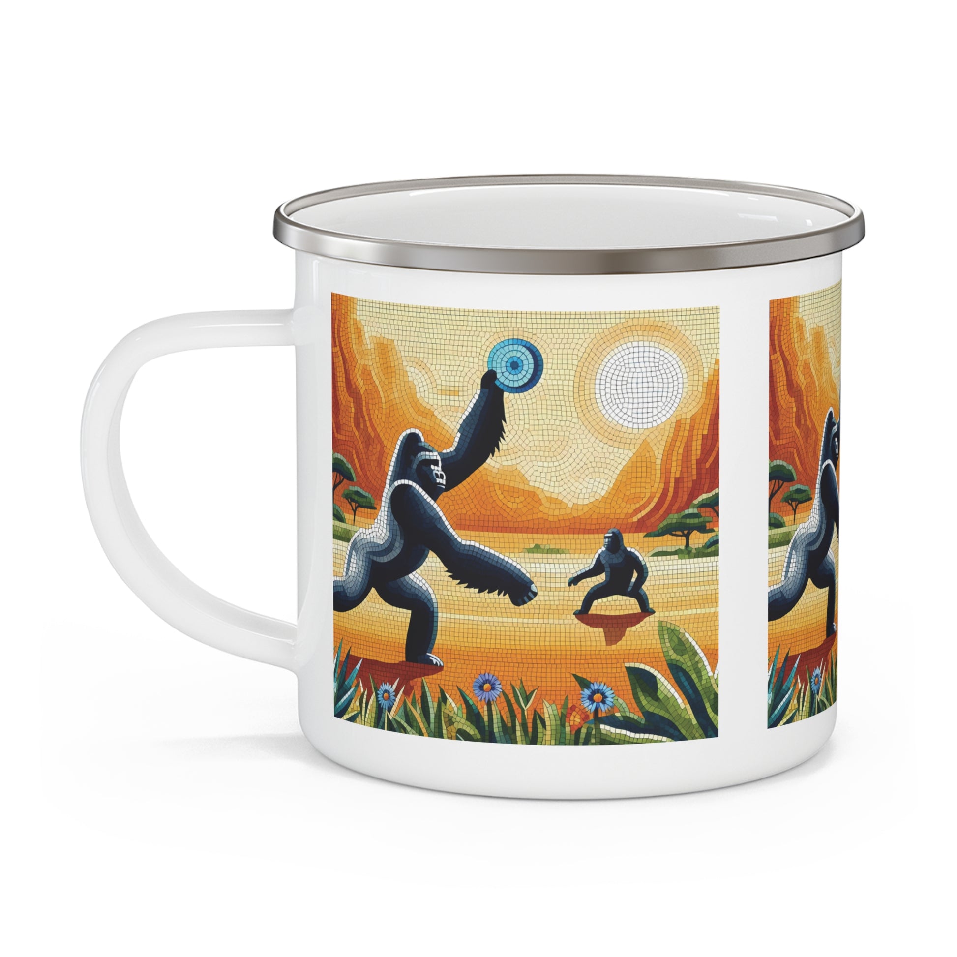 Mosaic Style Gorillas Enjoying Frisbee Enamel Camping Mug - Wildlife Art