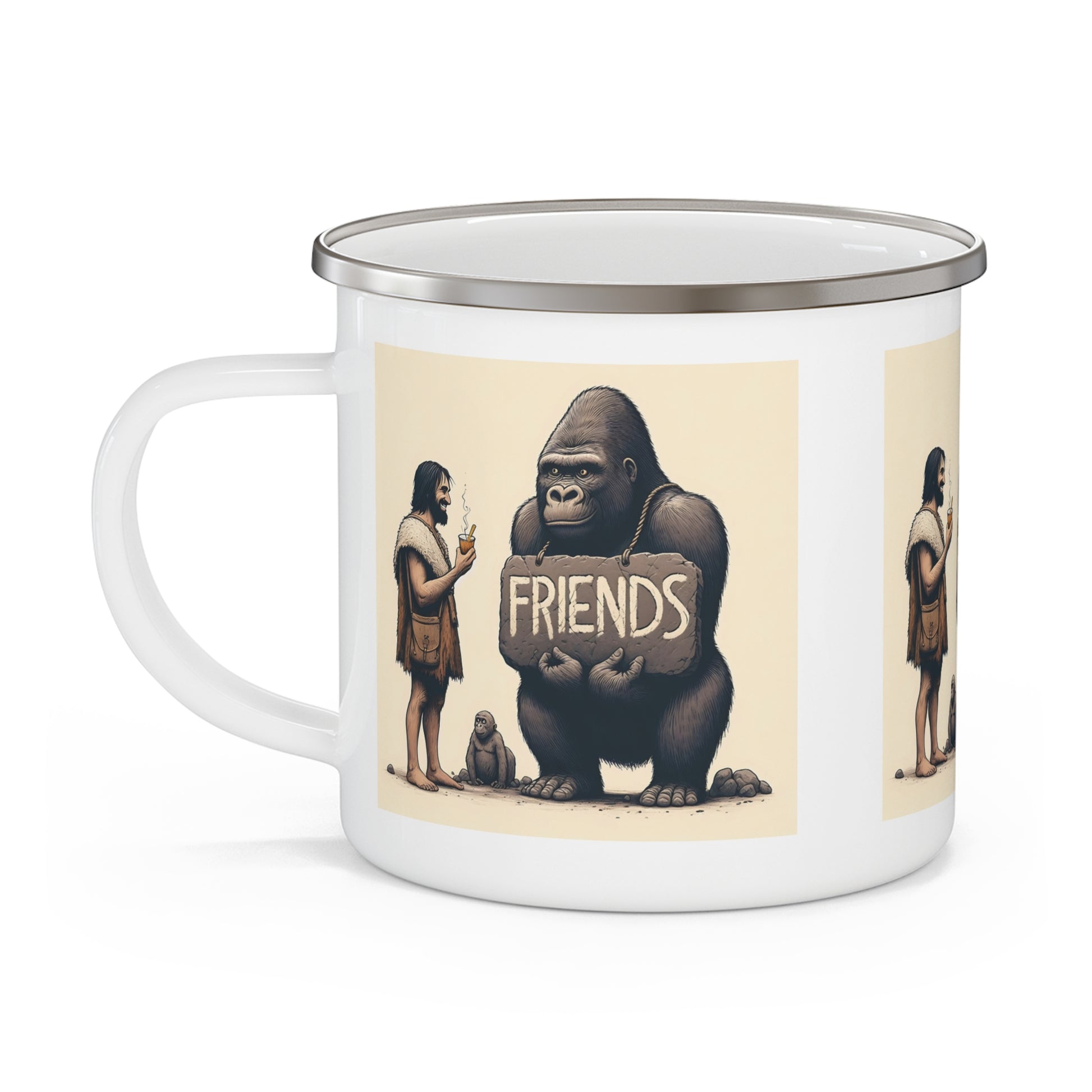 Human Caveman and Gorilla "Friends Forever" Enamel Camping Mug – Outdoor Adventures