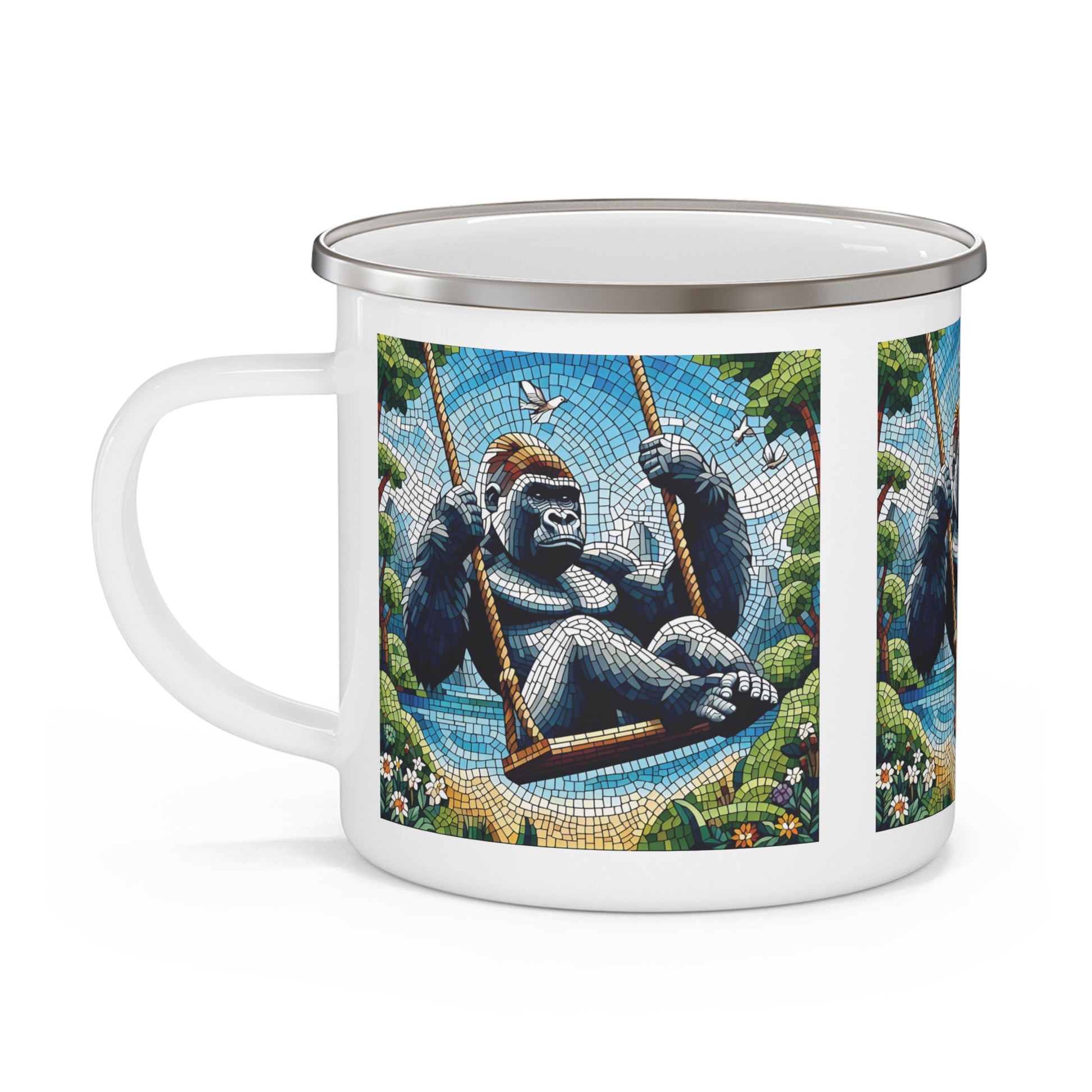Enamel Camping Mug Mosaic Art Gorilla Swinging Outdoors