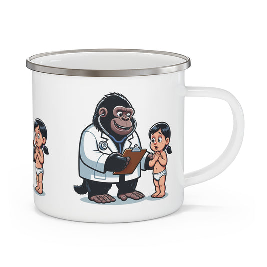 Discover our fun and unique enamel camping mug featuring a cartoon-style gorilla doctor and child patient. Perfect for camping, hiking, or home use. Ideal gift for healthcare professionals, kids, animal lovers. or anyone who enjoys playful designs. BUY NOW! (SK Superb)