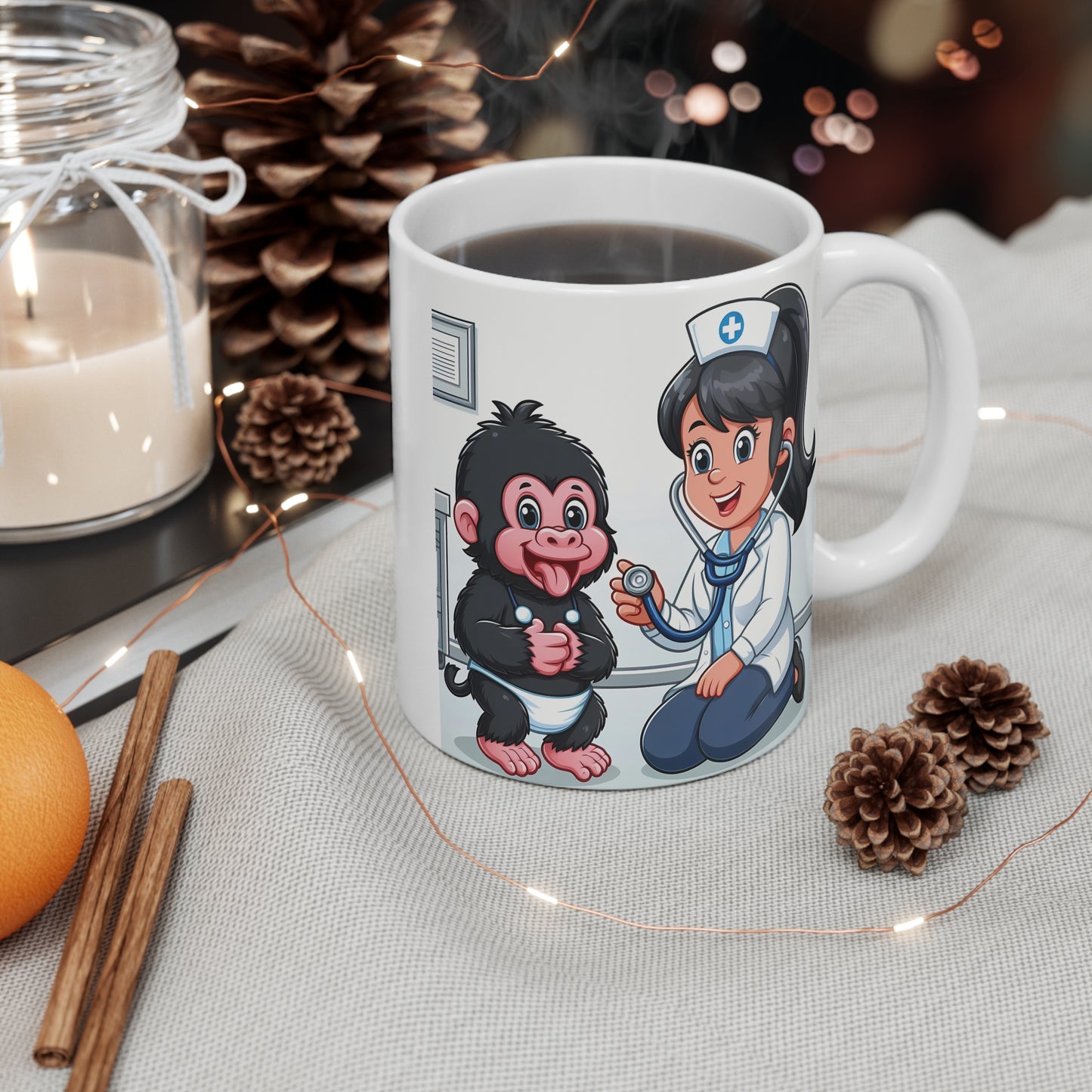 Sweet Cartoon Baby Gorilla and Nurse 11oz Mug