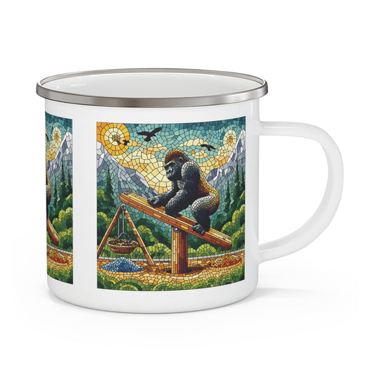 Elevate your outdoor experience with our practical, mosaic art "Gorilla Seesaw Adventure" Enamel Camping Mug. Perfect for nature lovers, campers, and hikers. A thoughtful gift for anyone who loves gorillas, campers, wildlife, or artistic drinkware. BUY NOW! (SK Superb)