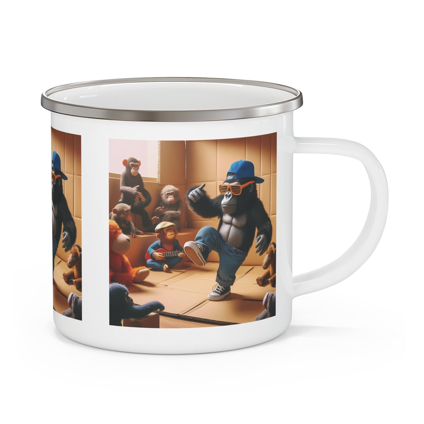 A functional "Breakdancing Gorilla" Enamel Camping Mug. Celebrates the universal love for dance and movement. Ideal mug for camping, hiking, adventure, home use. Gift for breakdance enthusiasts, hip-hop fans, campers, and anyone with a love for unique and expressive mugs. BUY NOW! (SK Superb)