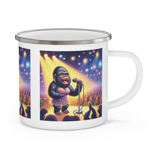 A fun cartoon female gorilla singer enamel camping mug dazzling on stage, with lively human audience. A mug for your outdoor adventures, camping trips, or cozy home use. A unique gift for animal lovers, music fans, and anyone who loves whimsical art. BUY NOW! (SK Superb)