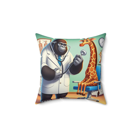 The "Doctor Gorilla Examines Giraffe Pillow" inspires children to be kind to animals and fosters a love for wildlife. Featuring a charming scene of a gorilla doctor with a giraffe patient, this pillow is perfect for animal lovers and those with a playful spirit. Ideal for home decor, nurseries. BUY NOW! (SK Superb)